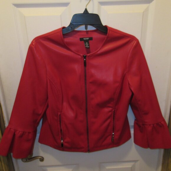 Red Faux Leather Pleather Jacket Collarless Ruffle Sleeve Alfani Petite Medium - Picture 8 of 10